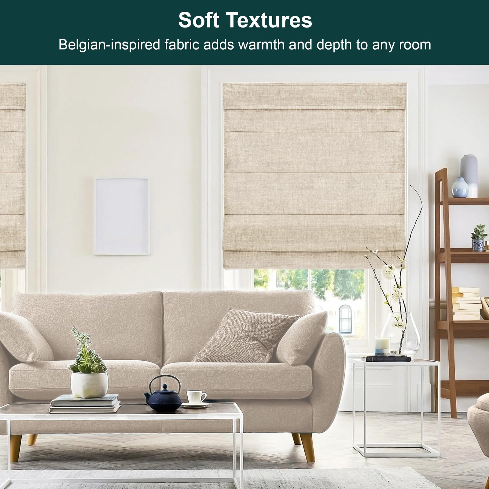 Chicology Cordless Roman Window Shade, Belgian 39″W x 64″H, Flax