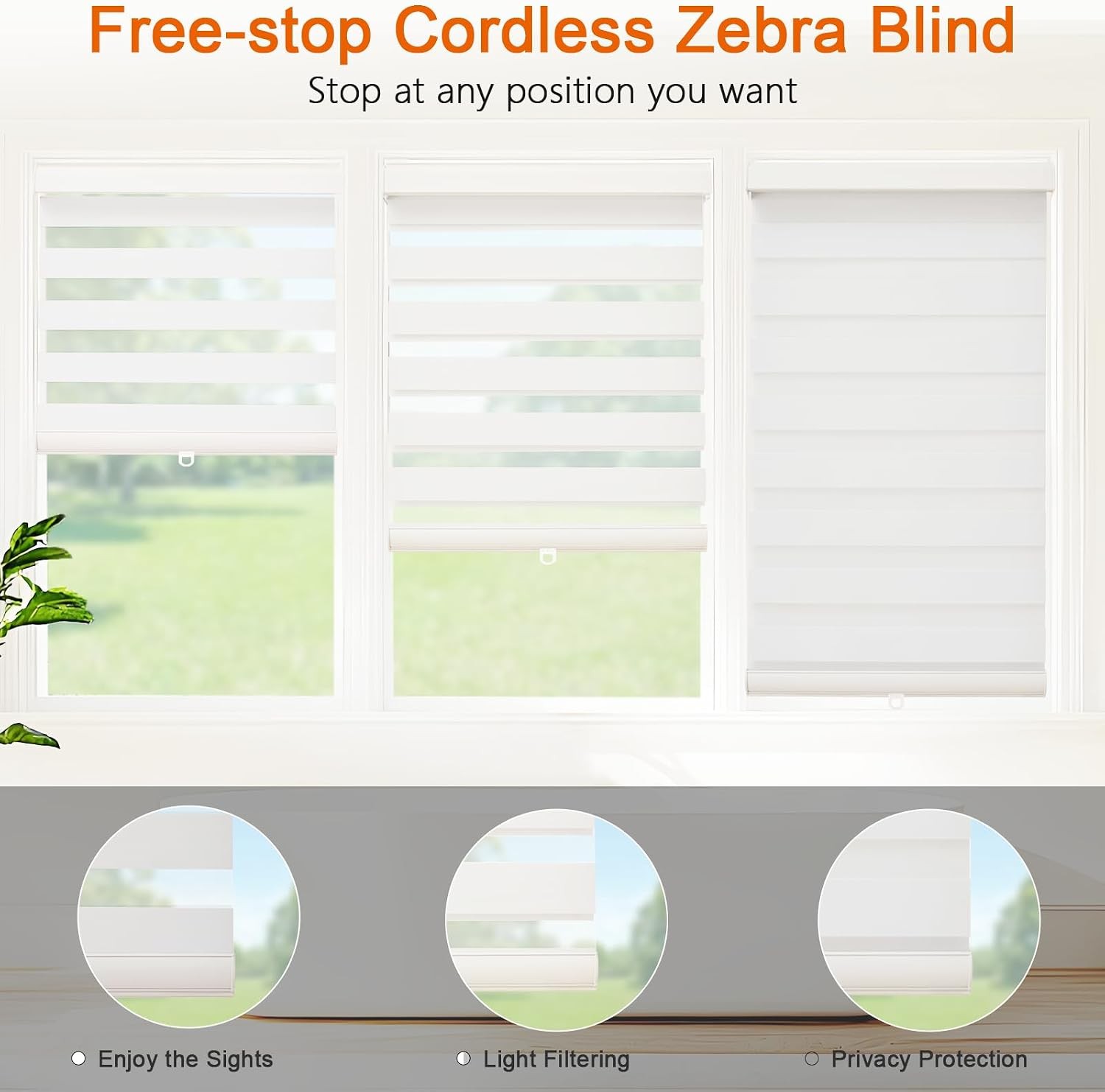 Cordless Zebra Blinds 40″W x 72″H White Dual Layer Free-Stop Blackout