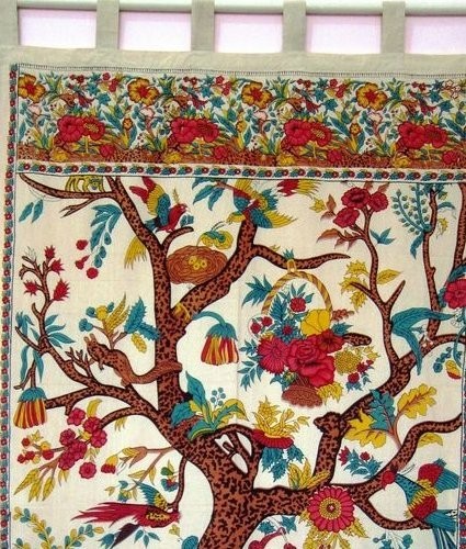 Handmade Tree of Life Cotton Tab Top Curtain Drape Panel 44″ x 88″ Beige Tan