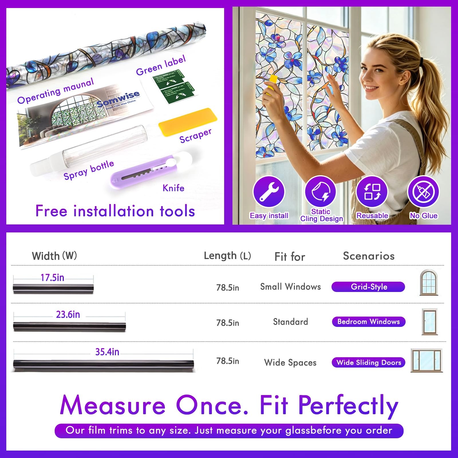 Rainbow Window Privacy Film,Heat Control,UV Blocking,Anti-Glare,Day & Night