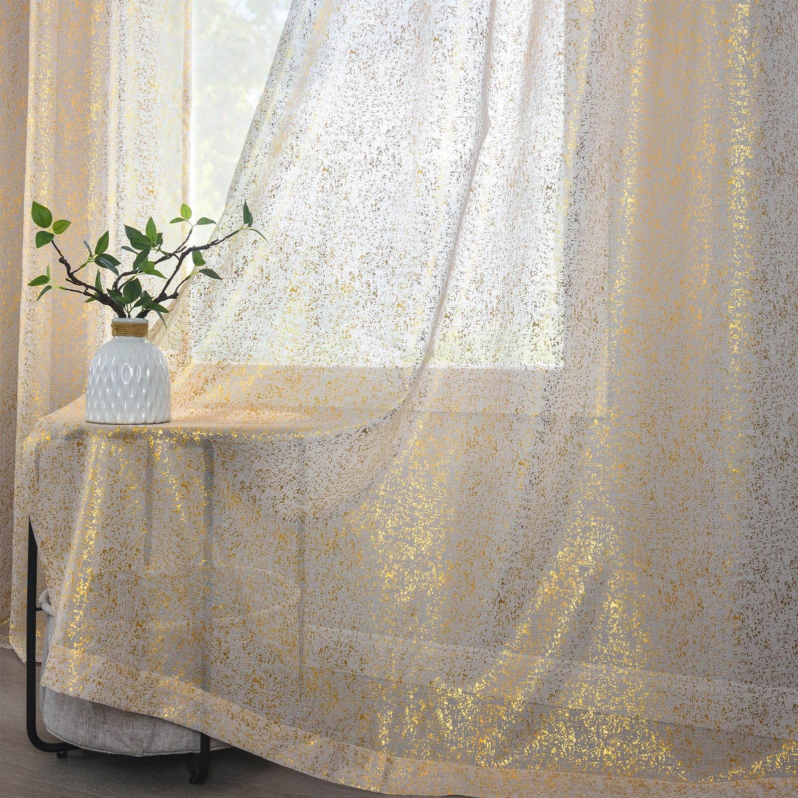 Taupe Sheer Curtains with Gold Foil Dots, Grommet, 2 Panels 52 x 84 Inch
