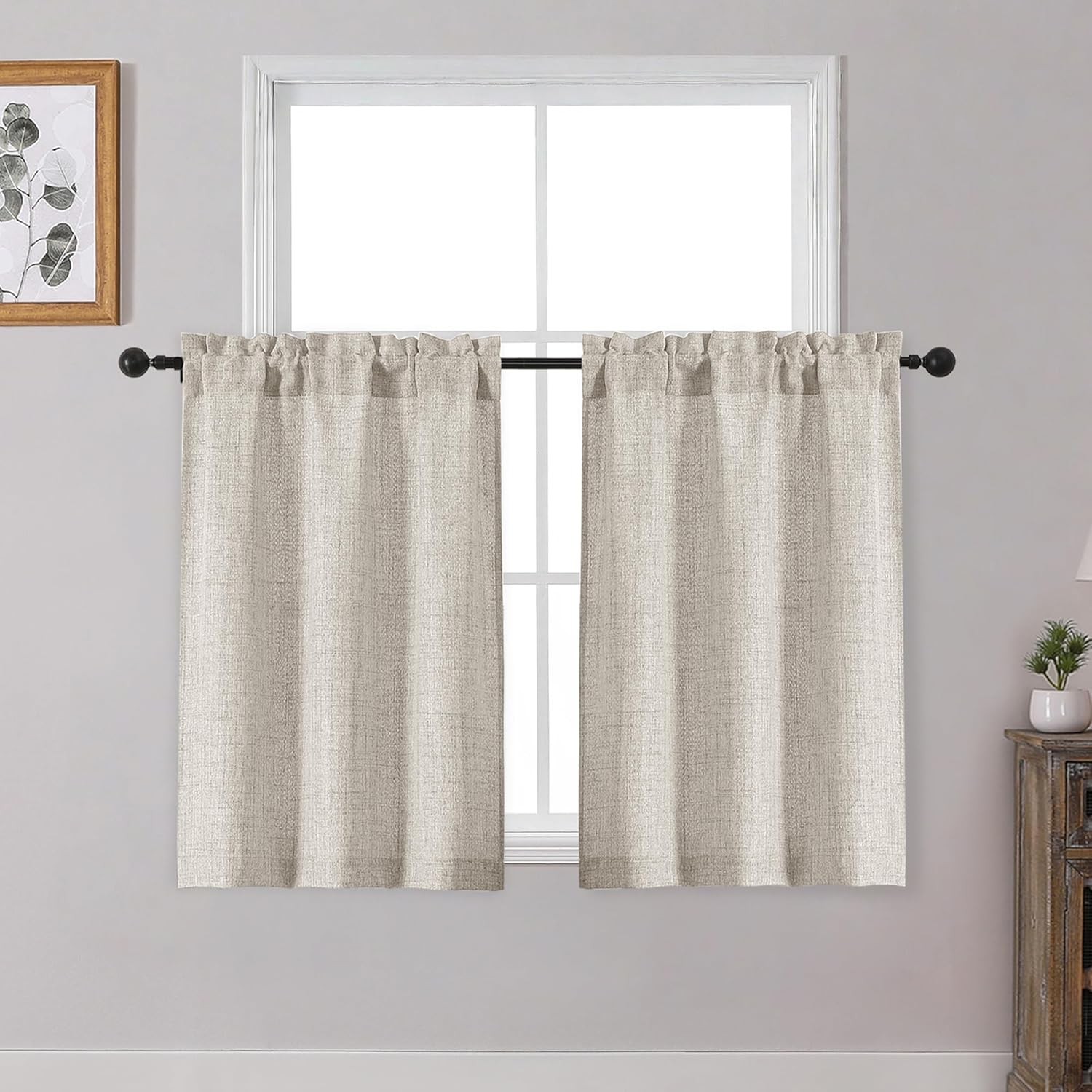 Linen Cafe Curtains 36 Inch Length 2 Panels Set, Light Filtering Textured Short
