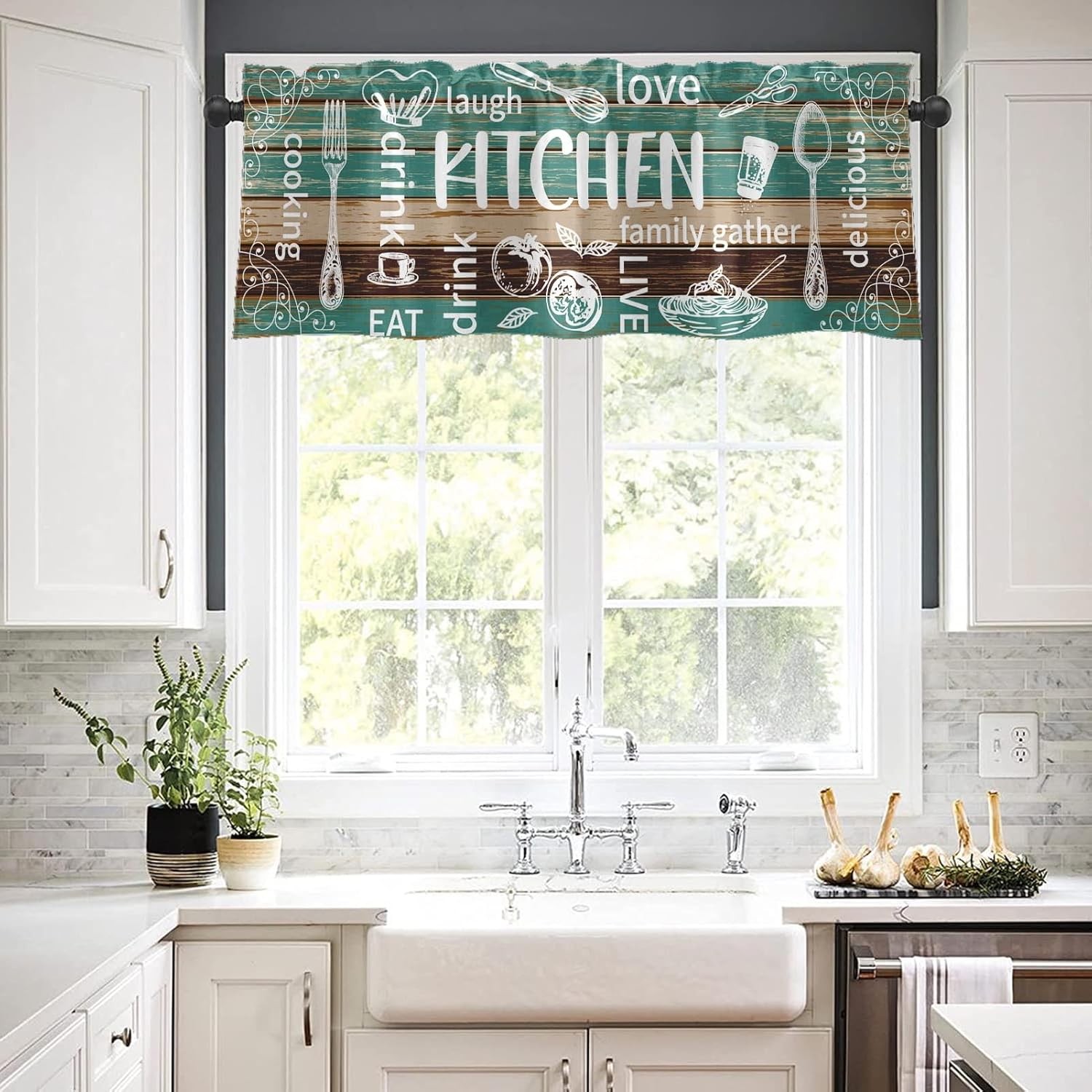 2 Pack Valances Window Treatments Teal & Brown Farmhouse Kitchen Cooking