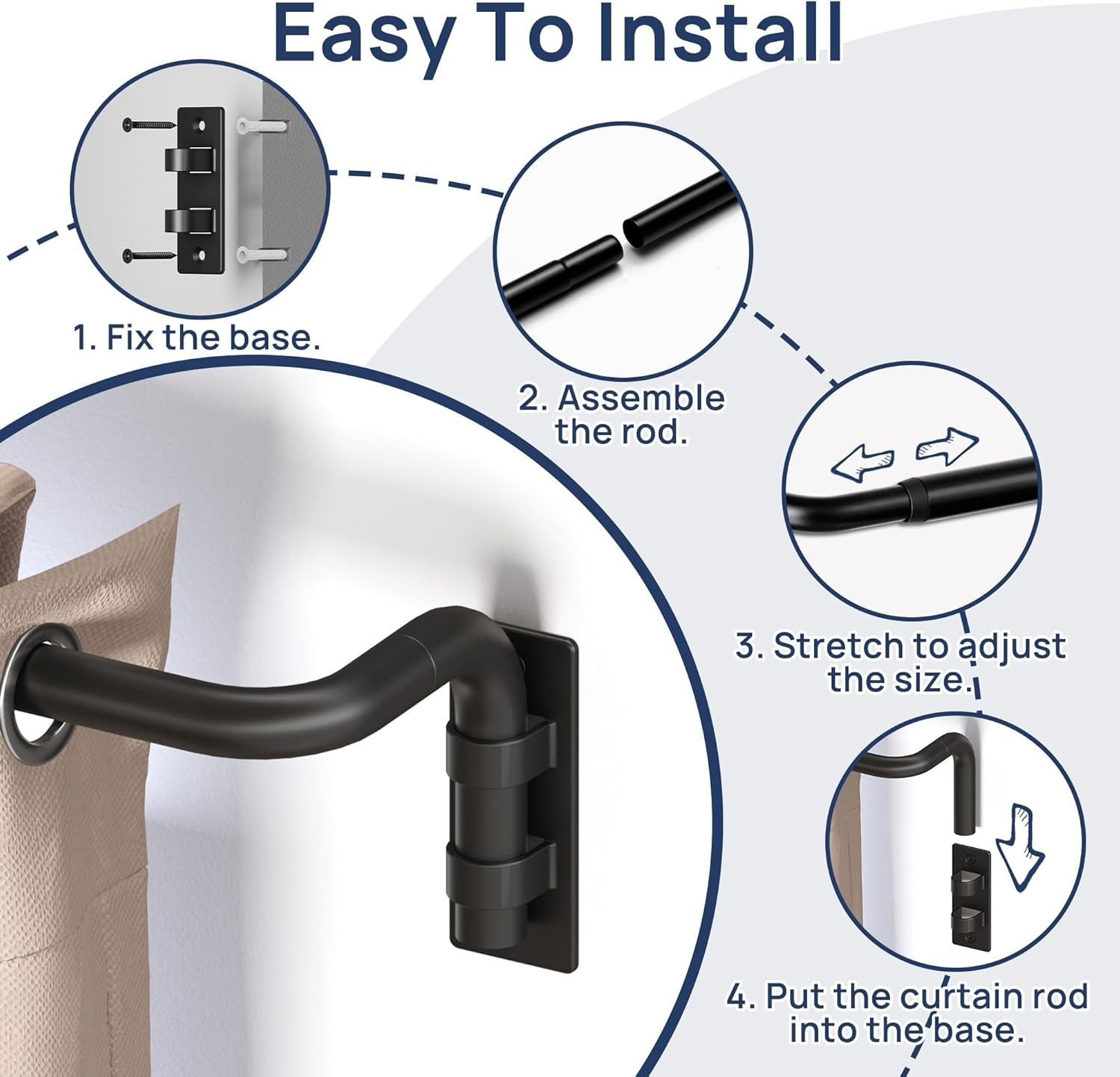 Blackout Curtain Rod Wrap Around Adjustable Window Rod Room Darkening