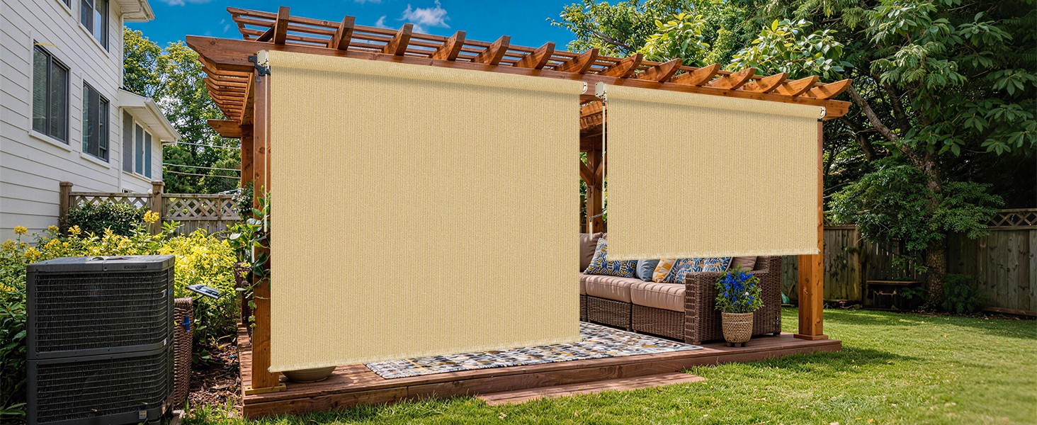10’W x 8’H Gray Outdoor Roller Shade with Crank Wand Patio Shades Roll up,