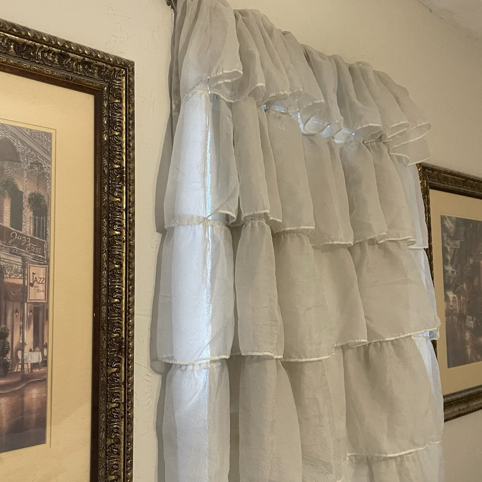 Vtg Curtains Ruffle Tier Sheer Panel Short 50” Long 65” Wide Ivory Buttonhole