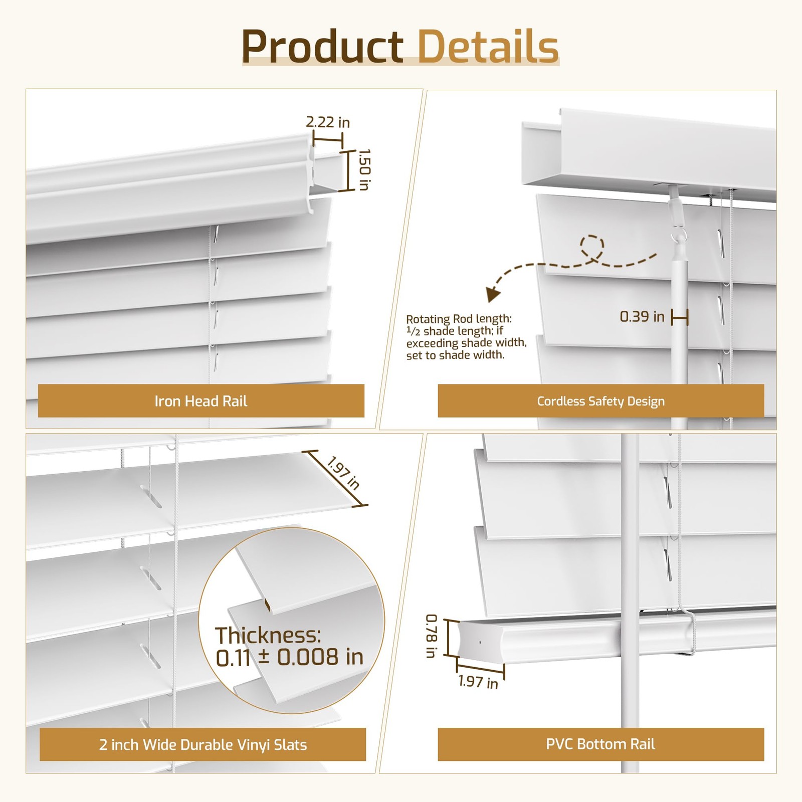 Faux Wood Blinds Cordless,2″ Horizontal Blinds with Iron Valance PVC Room Dar…