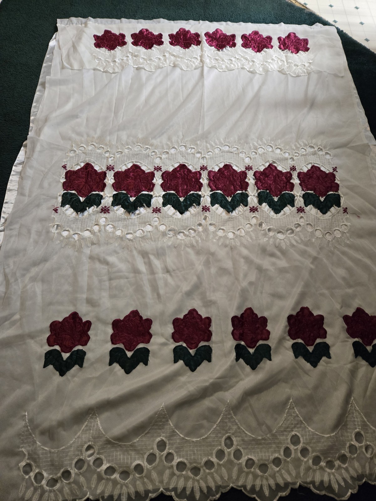 White, red, and green embroidered flower lace window curtain 60×84+18″. 2…