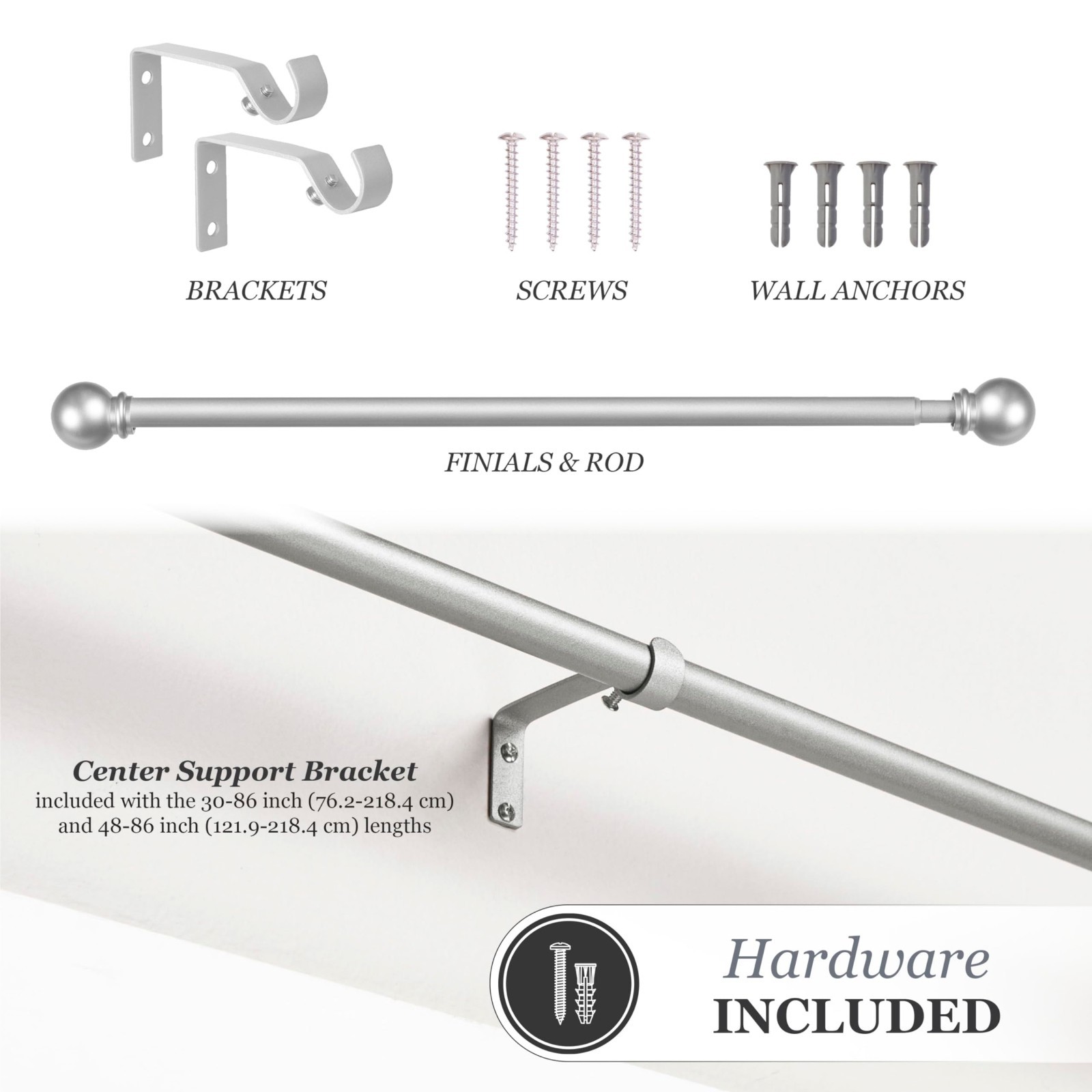 Adjustable Decorative Curtain Rod 48-86″ Brushed Nickel, 5/8″ Steel Tube, Ball E