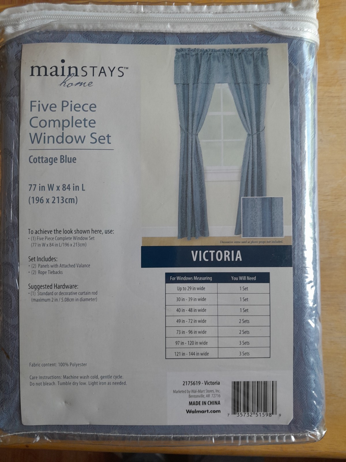 Mainstays Home 5 Piece Complete Window Set Cottage Blue Victoria 77”w x 84”L New