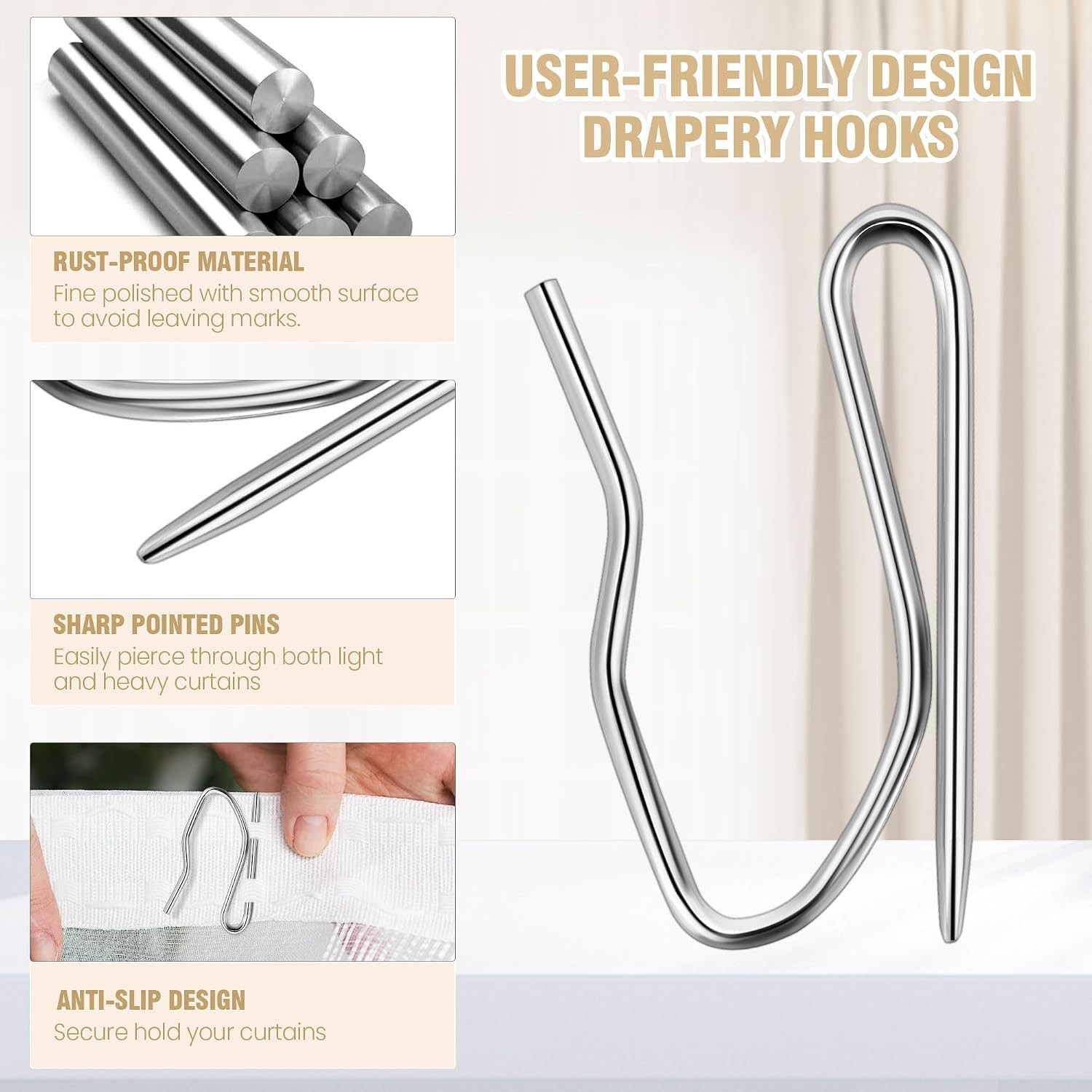 Rustproof Metal Curtain Hooks Drapery Hooks Set 58PCS 1.25IN Premium Hooks