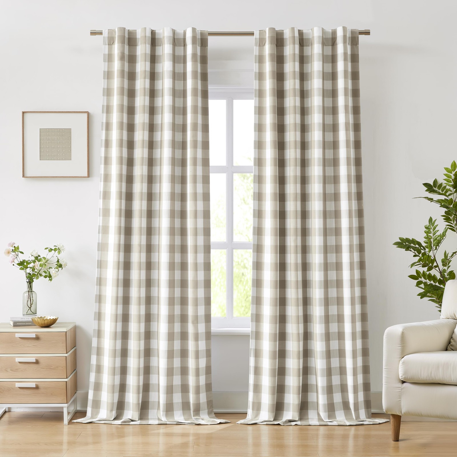 Beige White Buffalo Plaid Blackout Curtains 84 Inches Long for Bedroom Living…