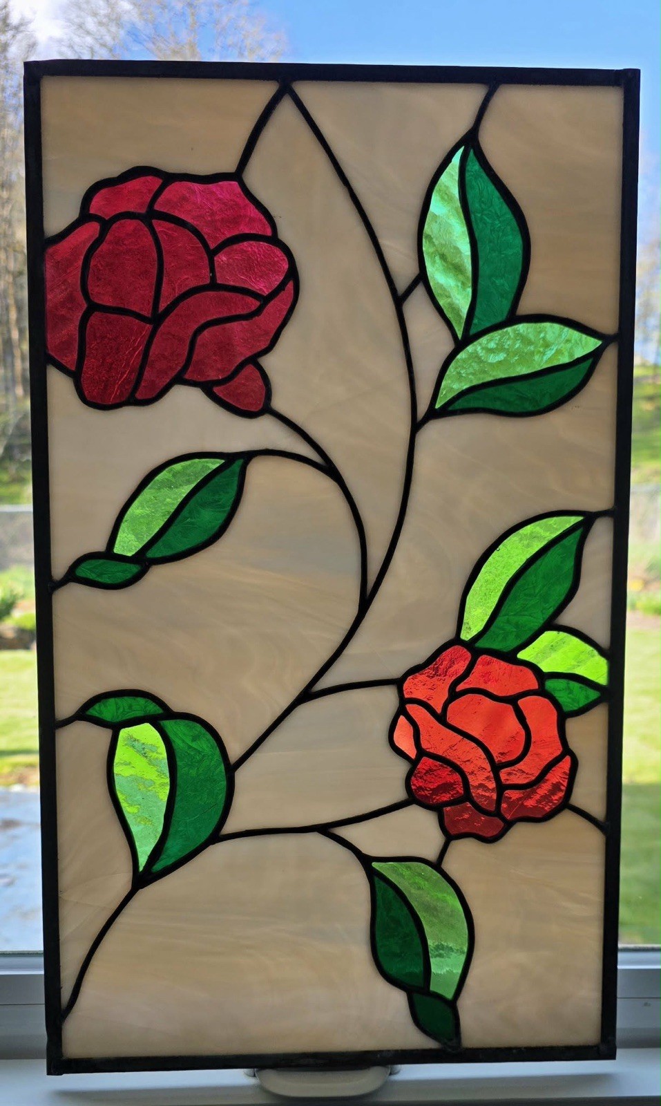 Stained Glass Red Rose Suncatcher Window Art Decor 17.5×10.5″ Vintage