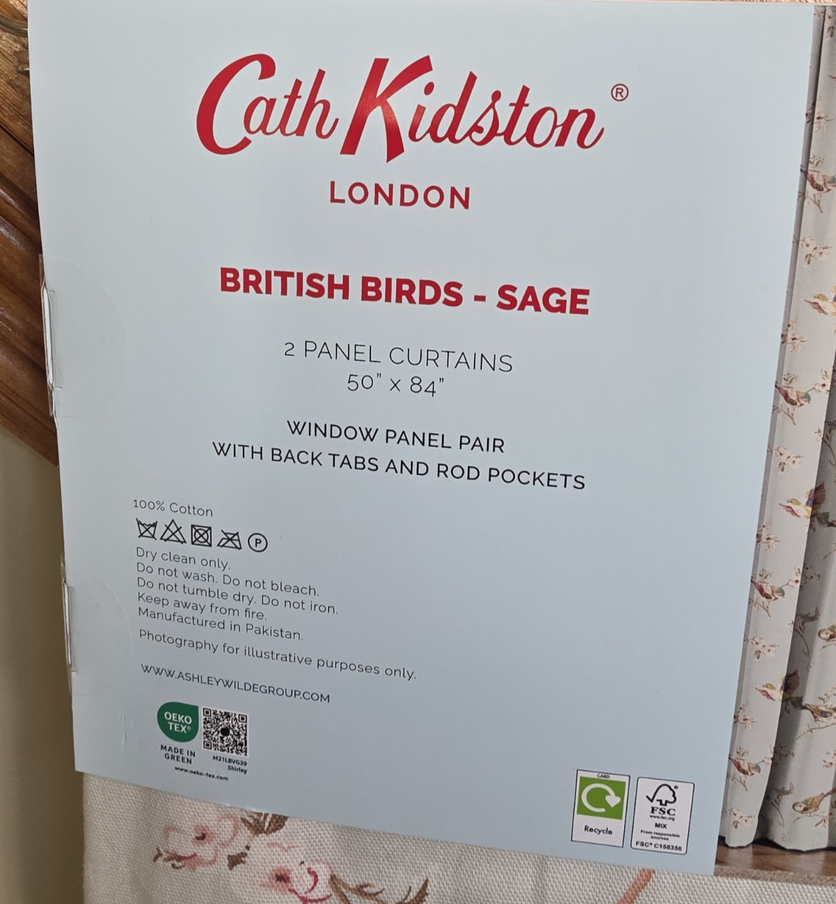 NEW Cath Kidston Window Curtains Pair British Birds Sage Cotton 50″ W x 84″ L