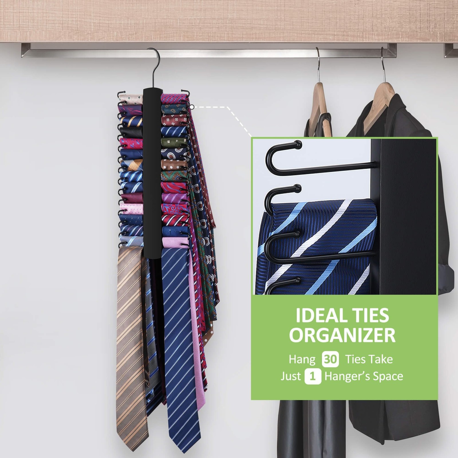 Upgraded Tie Rack Hanger for Closet with 30 Metal Hooks, Space Saving Necktie…