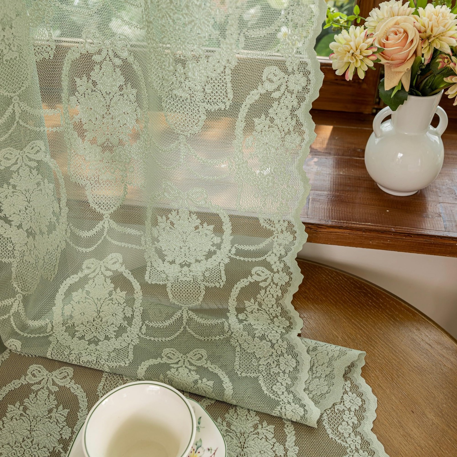 Sage Green Romantic Floral Semi-Sheer Curtains, Fancy Knitted Scalloped Ruffl…