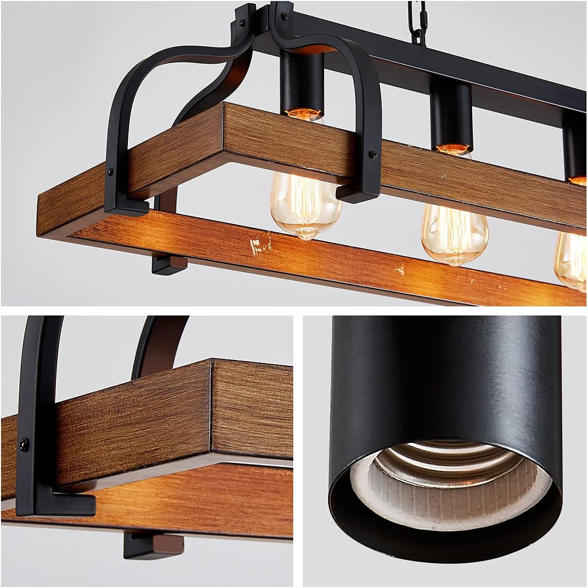 4-Light Metal Pot Hanging Rack Chandelier Imitation Wood Grain Linear Pendant Ce
