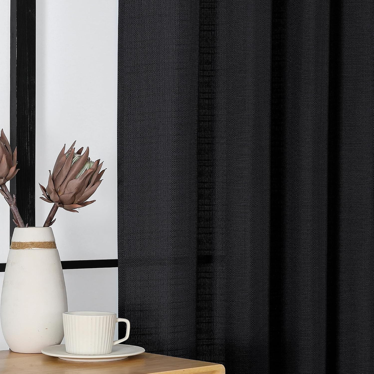 Black Curtains 63 Inch Length 2 Panels, Faux Linen Textured Semi Sheer ..