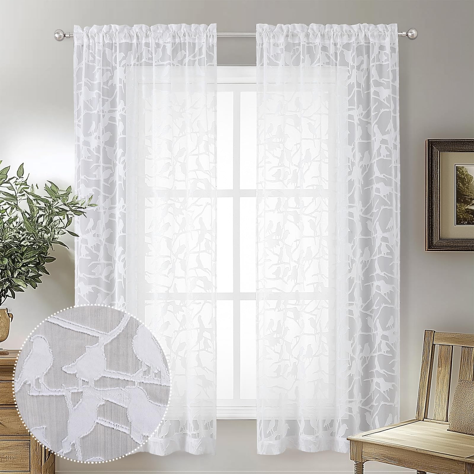 OVZME White Sheer Curtains 63 Inch Length 2 Panel Set, Light Filtering Bedroom C