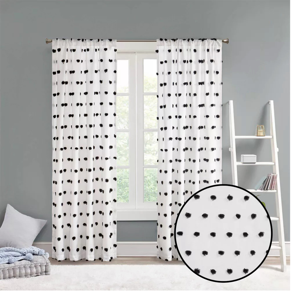 WHITE AND BLACK Pom Pom Embellished Window Panel 50″X84″