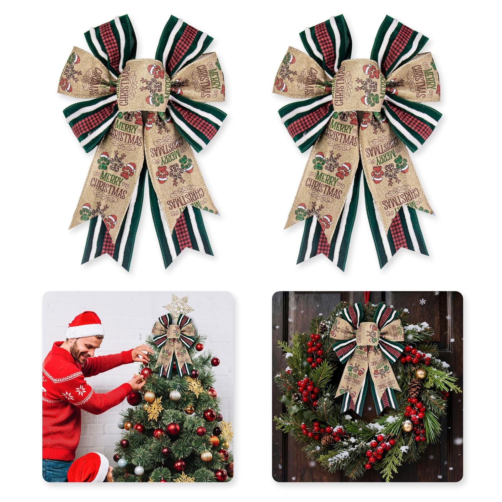 2 PCS Christmas Bows Wreath Xmas Pet Paw Holiday Velvet Burlap Craft Ribbon