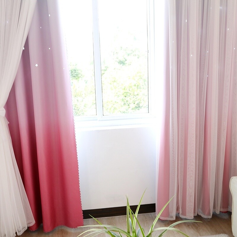 1PC Double Layer Curtains Blackout Gradient Star Cutout Sheer Panel Eyelet With