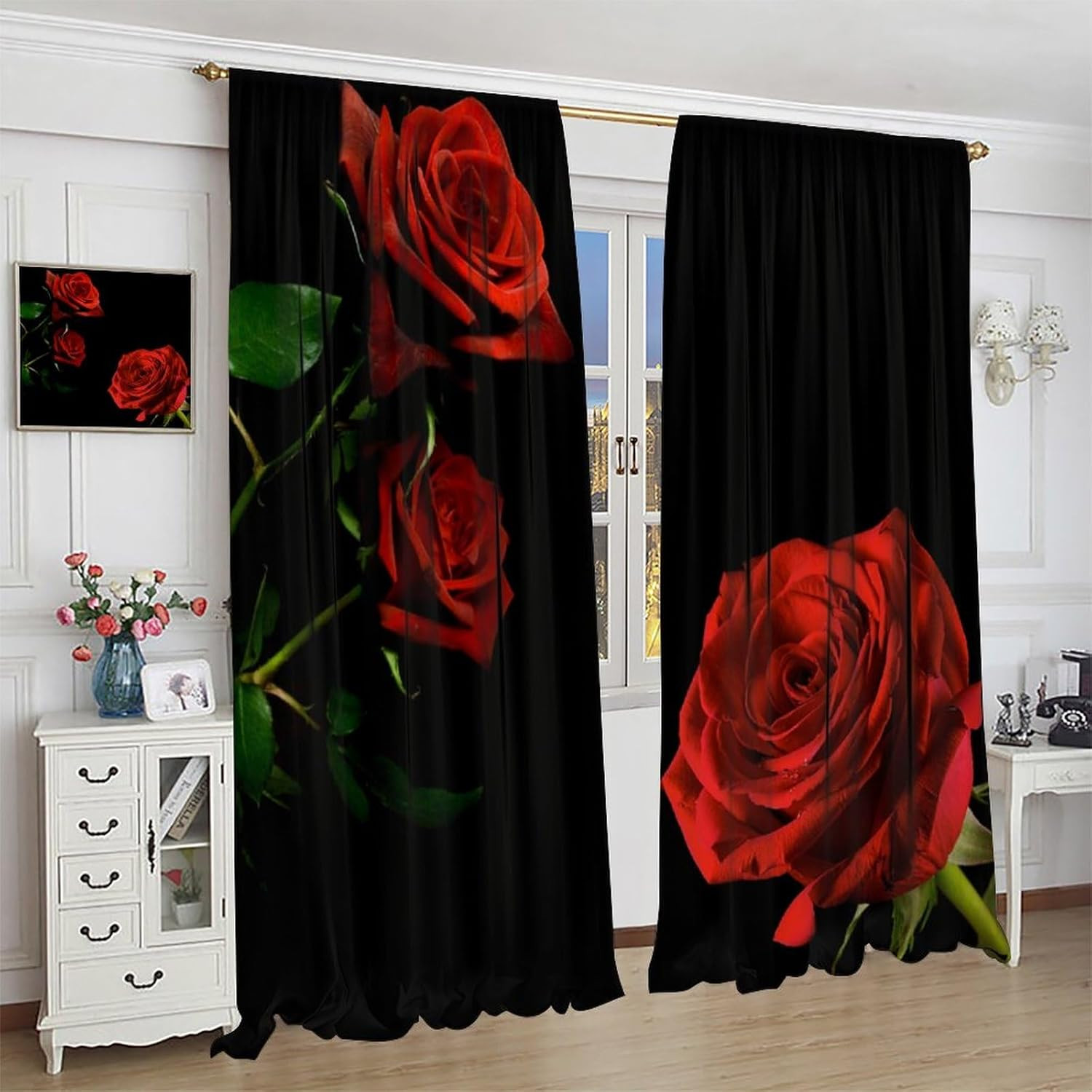 Red Rose Floral Curtains, Romantic Black Red Rose Flower Rod Pocket Window Treat