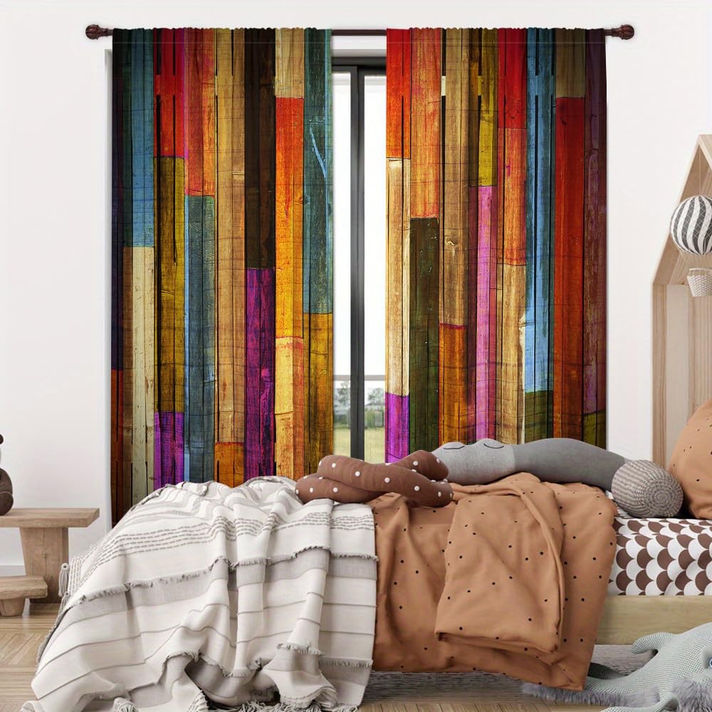 Abstract Art Colored Striped Printed Curtain,Pastoral Style Wood Grain Chic P…
