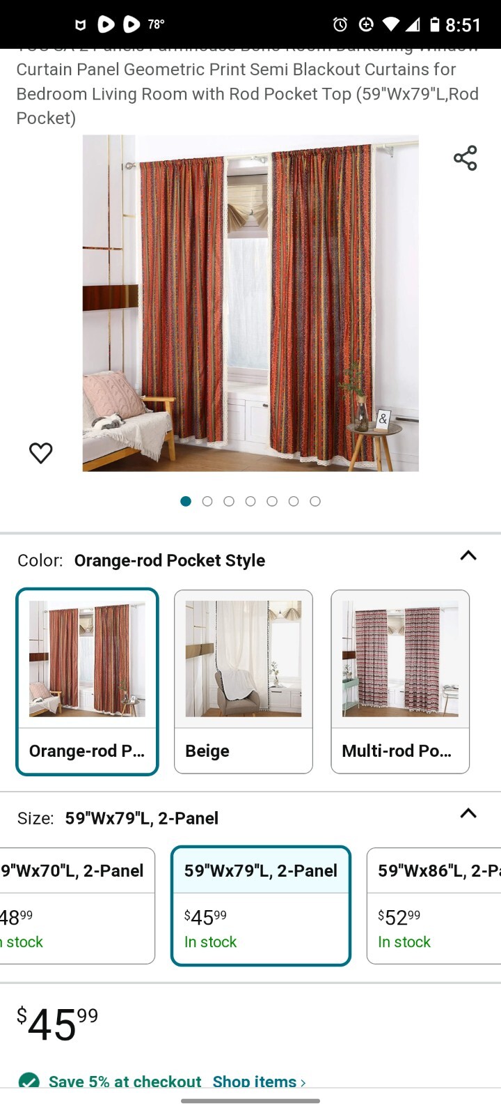 Waffle-weave Drapes 36″ W x 78″ L Rust, Orange, Cream, Hunter Green, 4 panels