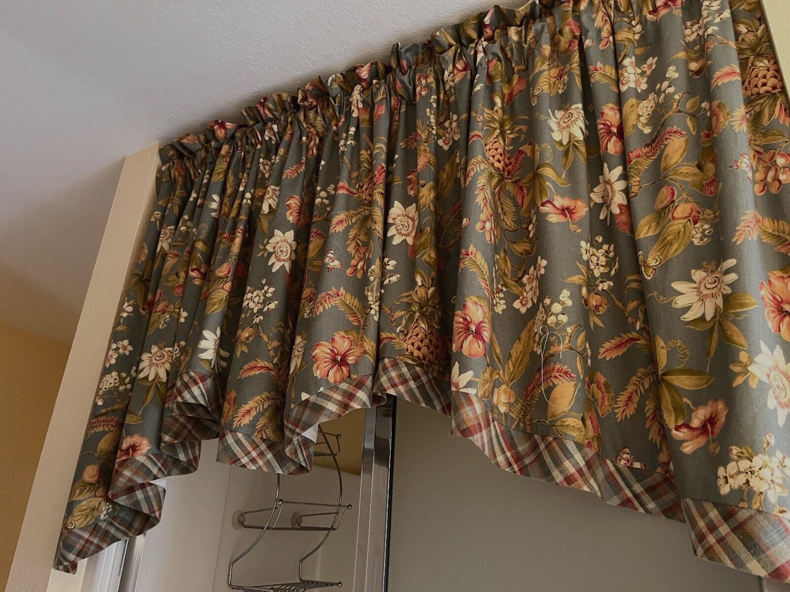 2 Floral and Plaid Teal, Peach, Gold Window Panels Custom Made Fully Lined
