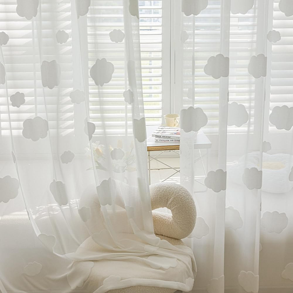 White Cloud Pattern Semi Sheer Curtains for Kids Bedroom | Light Filtering Rod P