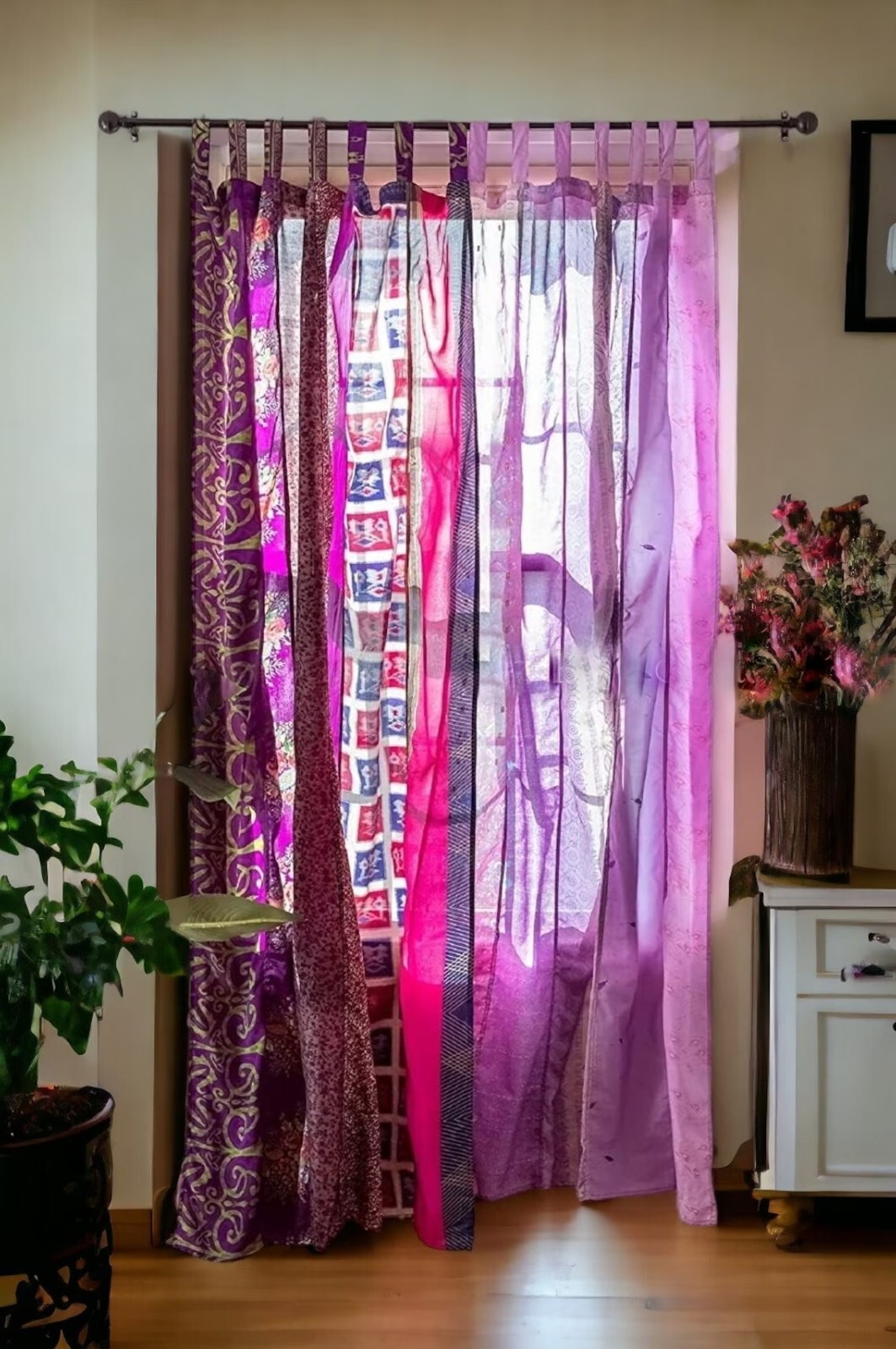 2 Pc Indian Old Recycle Silk Saree Boho Multi Curtain Door Drape Decor Curtain