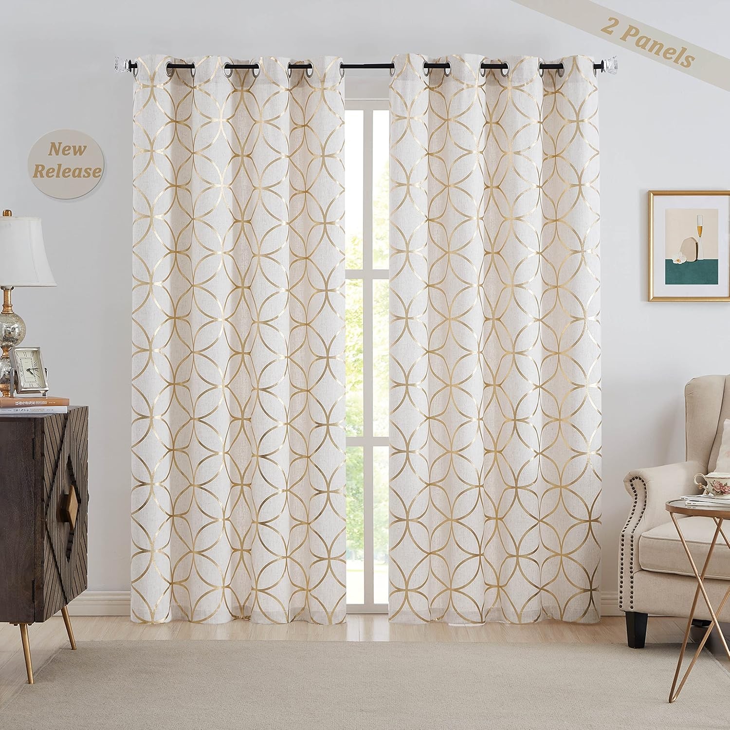 Gold Foil Print Linen Curtains Metallic Moroccan Cream Semi Sheer Curtains for