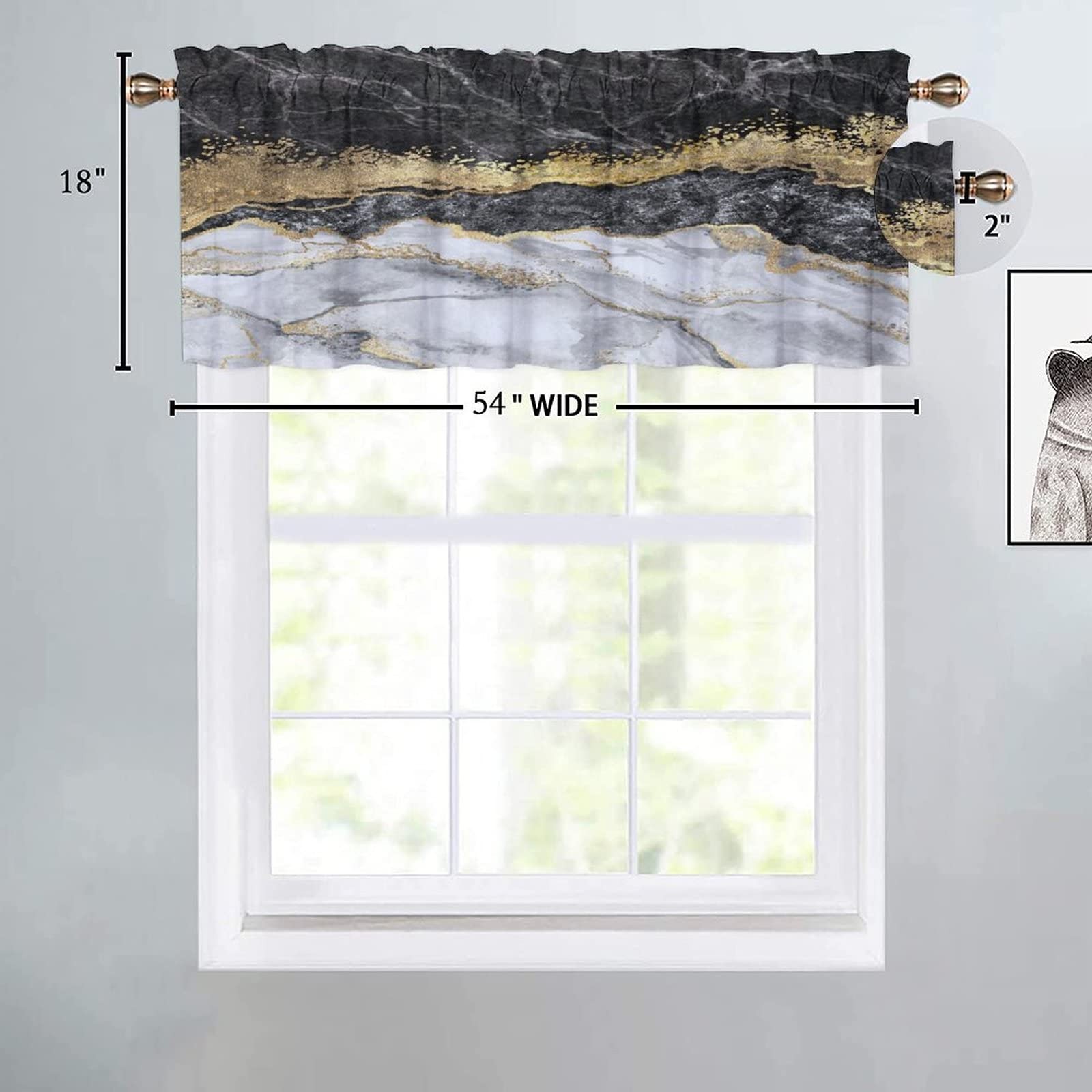 Black and White Marble Print Valance Curtains for Kitchen Bathroom Bedroom Ca…