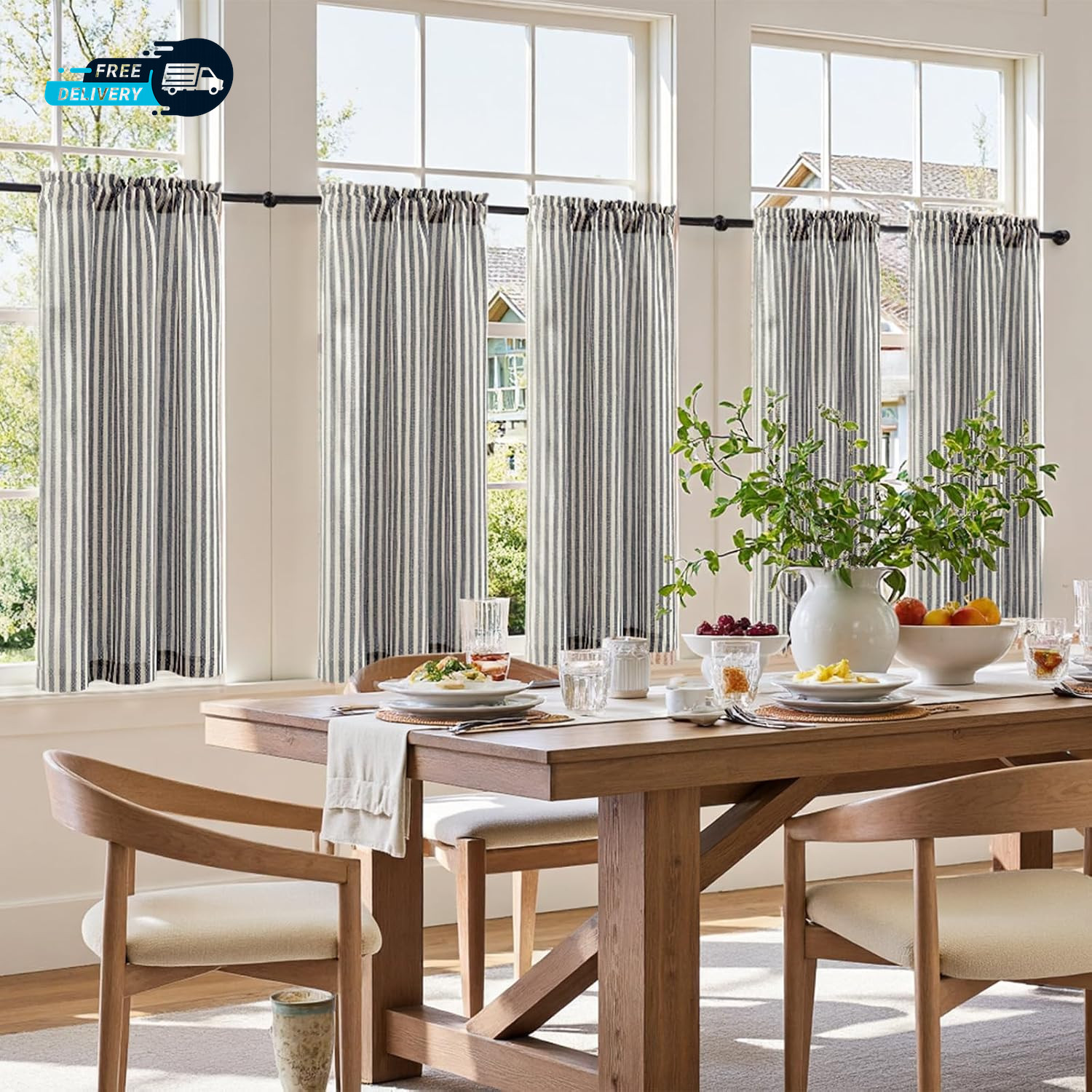 Striped Linen Kitchen Curtains 45 Inches Tier Curtains Farmhouse Modern