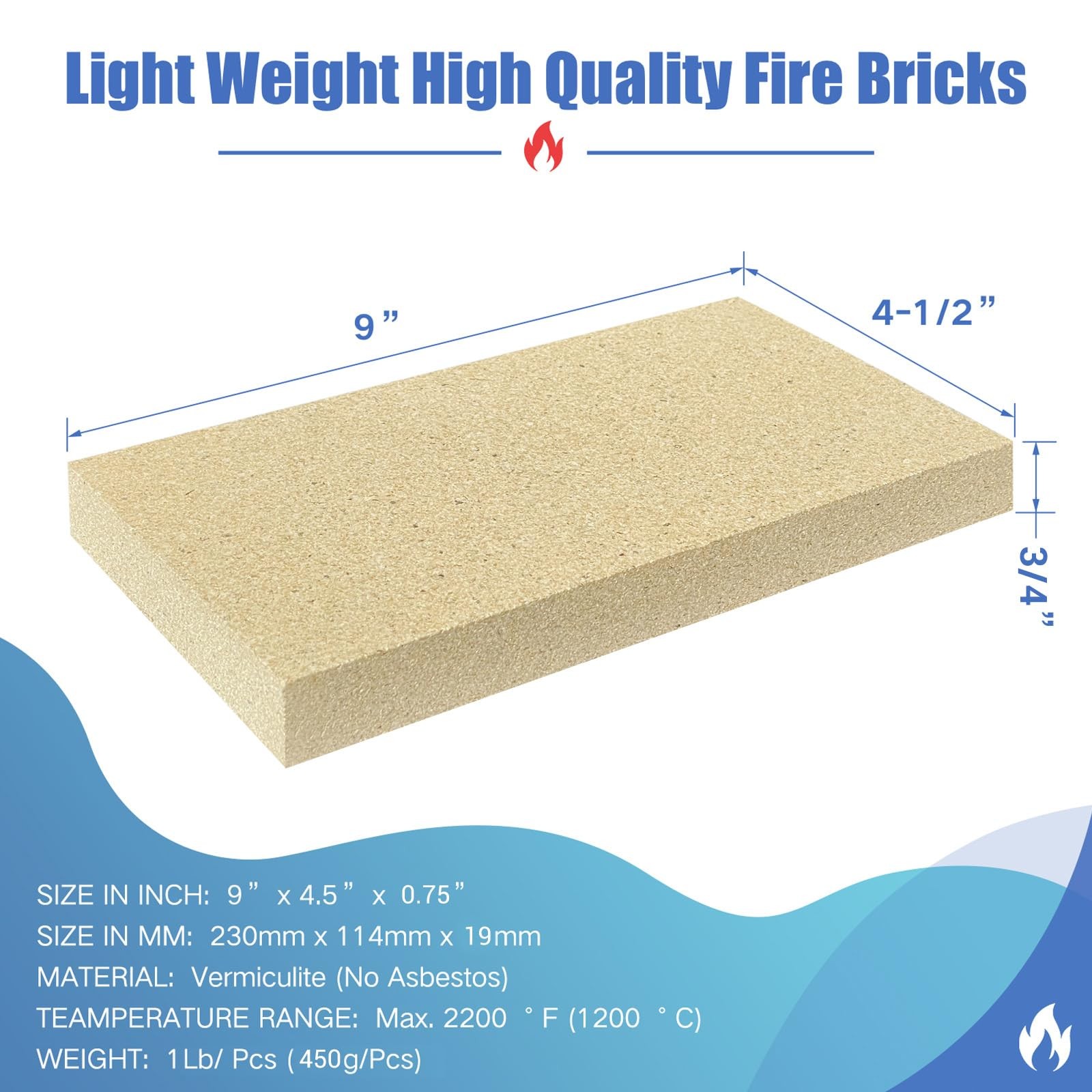 Woodstove Firebricks, Fire Bricks, Size 9 X 4-1/2 X 3/4, High Temperature Resist