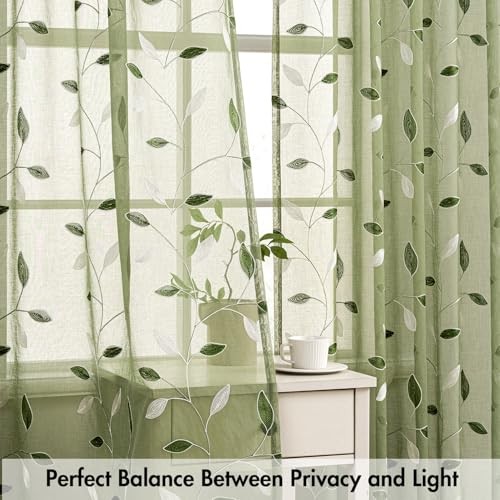 Sheer Kitchen Curtains 30×36 Inches Leaf 30″W x 36″L (Pack of 2) Sage Green