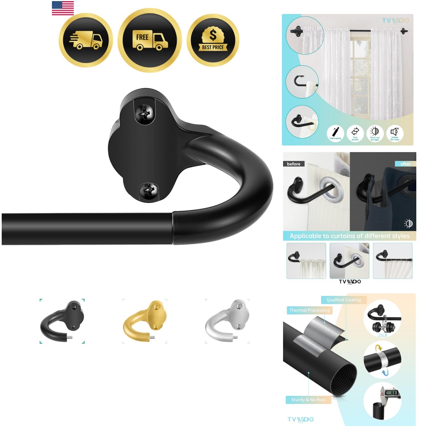 Wrap Around Curtain Rods,Black Curtain Rods 28 to 48 Inch,5/8 Inch Adjustable…
