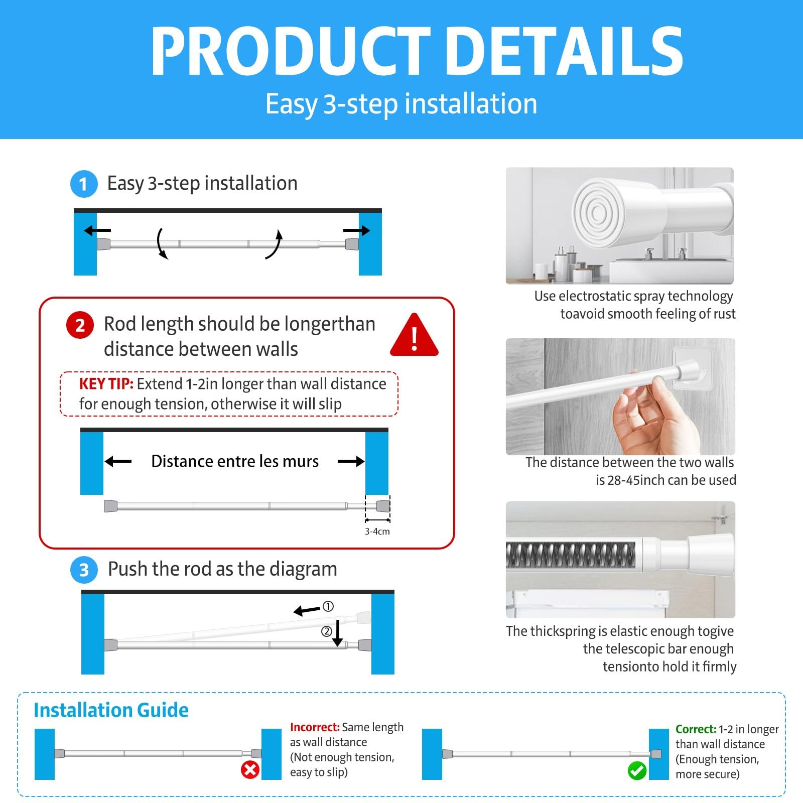 ZipGlo 1 Pack Spring Tension Rods 28-45 Inches, 5/8 Inch 28-45IN-1P, White