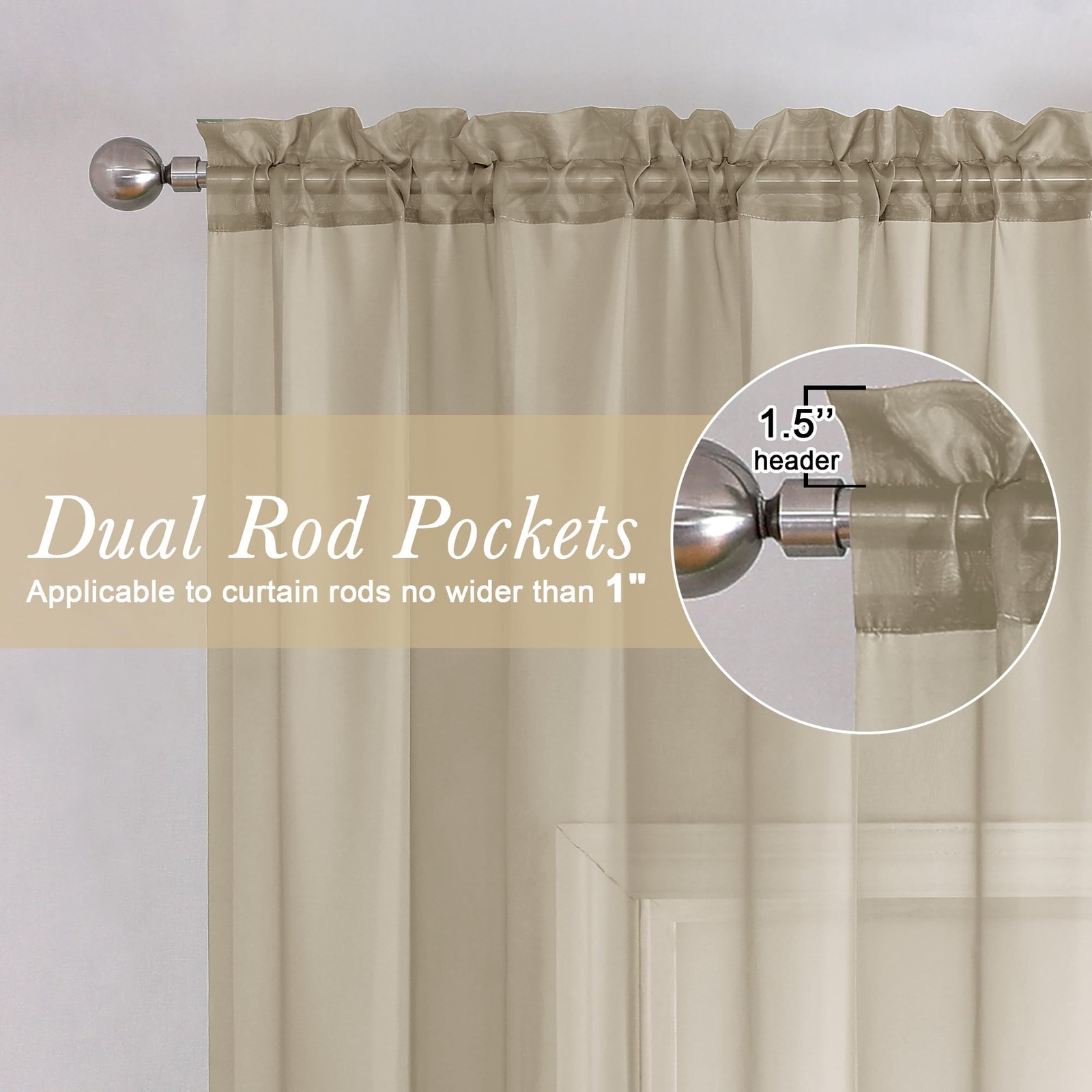 Lecloud Taupe Sheer Curtains 63 Inch Length 2 Panels, Airy & Breathable Solid Vo