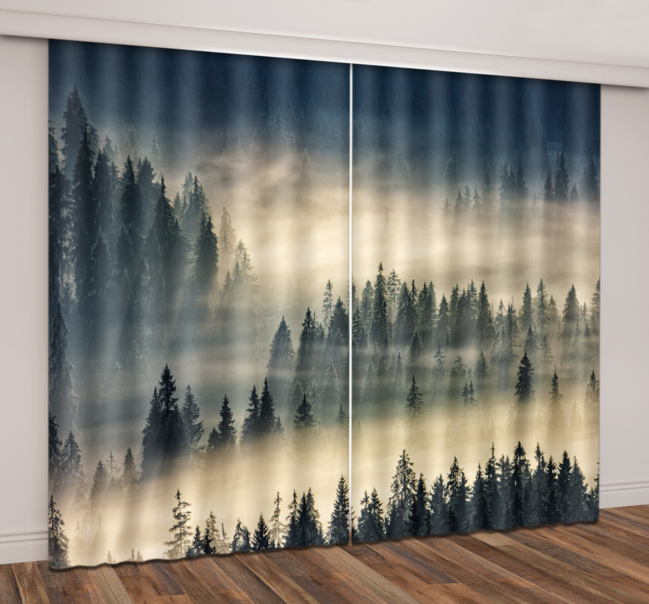 Nature Forest Foggy Pine Trees 3D Window Curtains Blockout Drapes Fabric 2 Panel