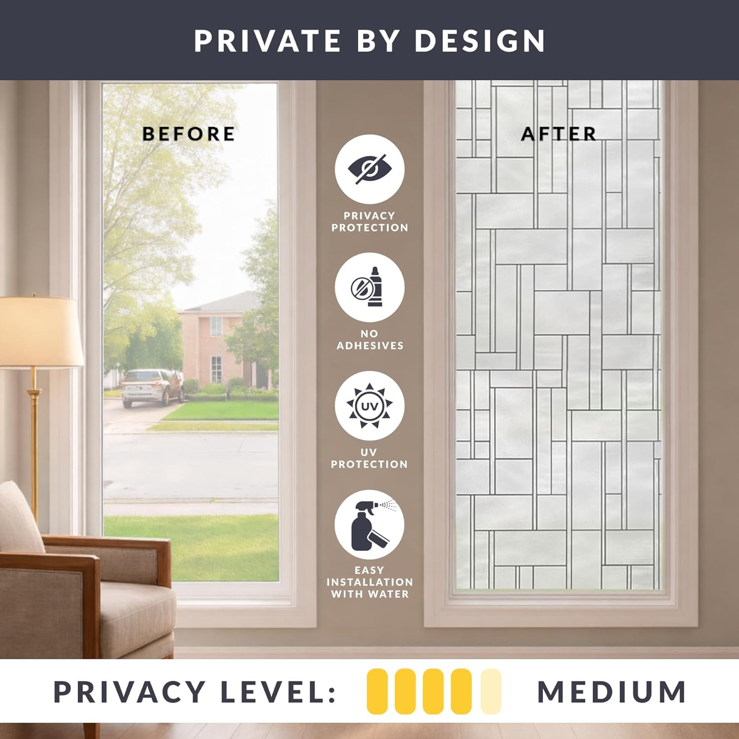 Empire Window Privacy Film by – Textured Leaded Glass Design, Static Cling, Day