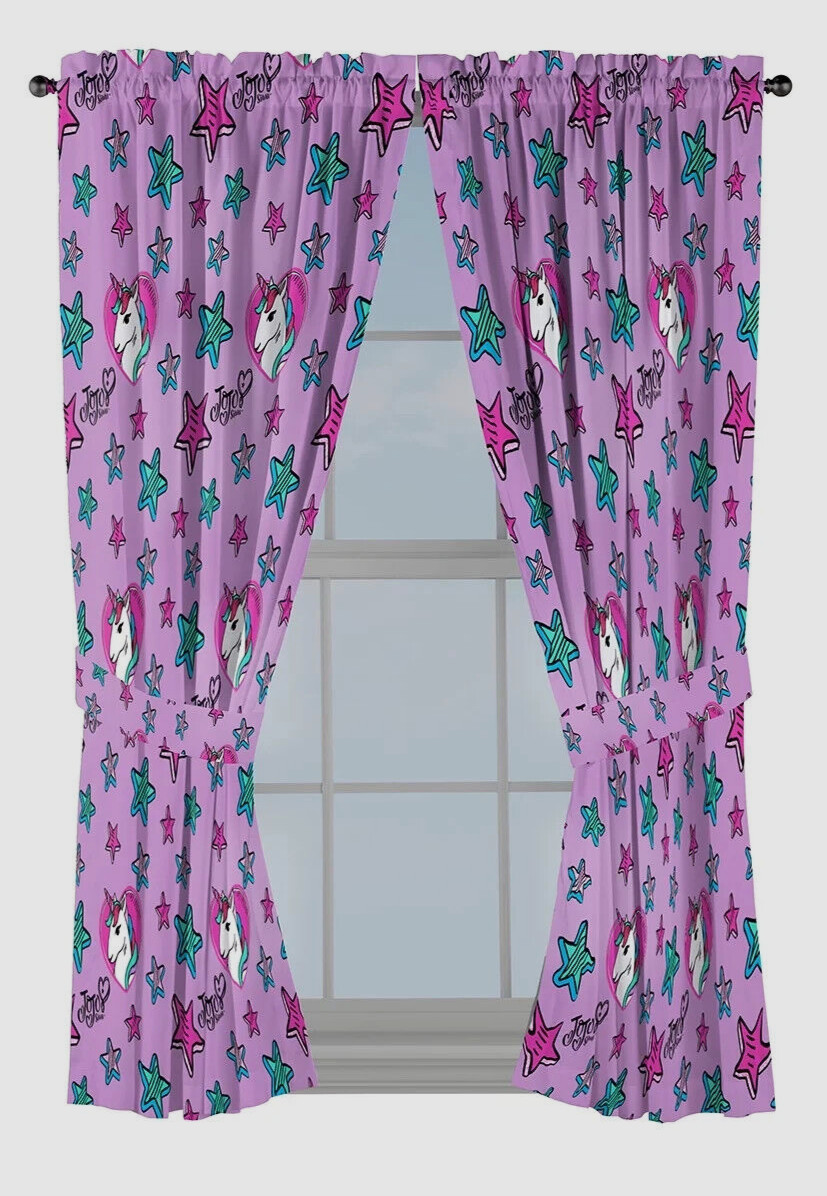 Nickelodeon JoJo Siwa Kids Microfiber Window Drapes Purple Unicorn Stars 82 x 63