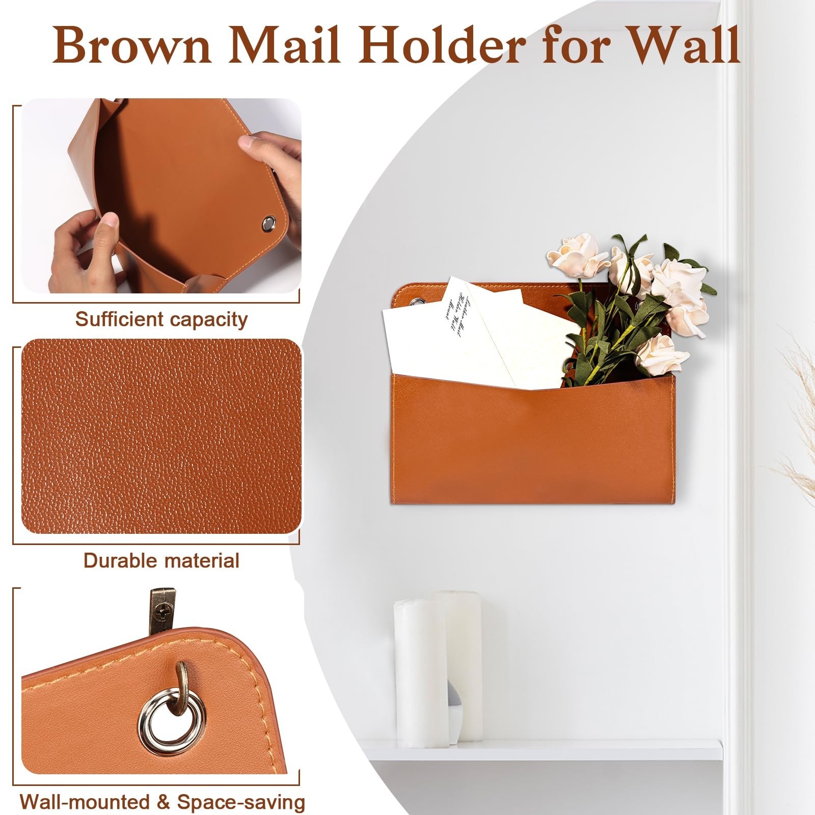 3 Pcs PU Leather Mail Holder Wall Mount Brown PU Leather Letter Holder Vintag…