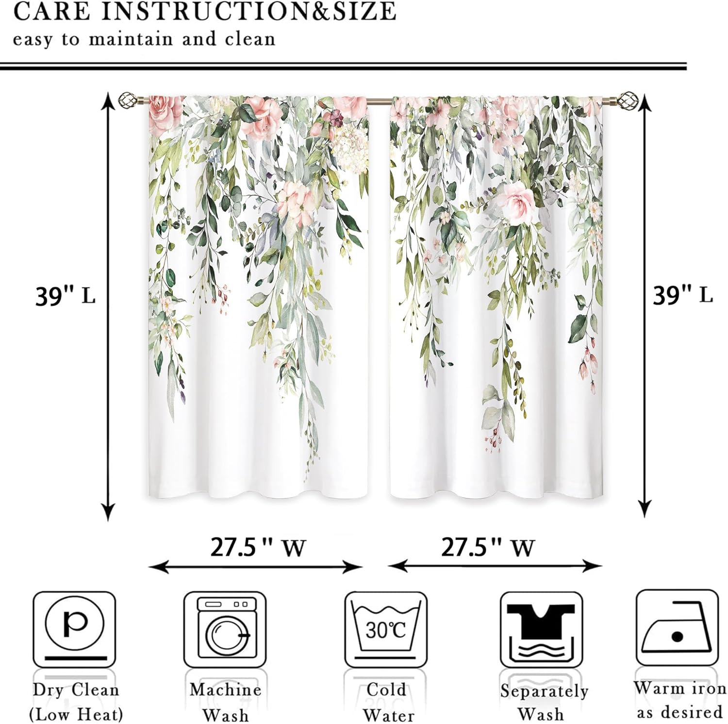 Eucalyptus Botanical Leaves Pink Rose Floral Kitchen Window Curtains Flower Plan