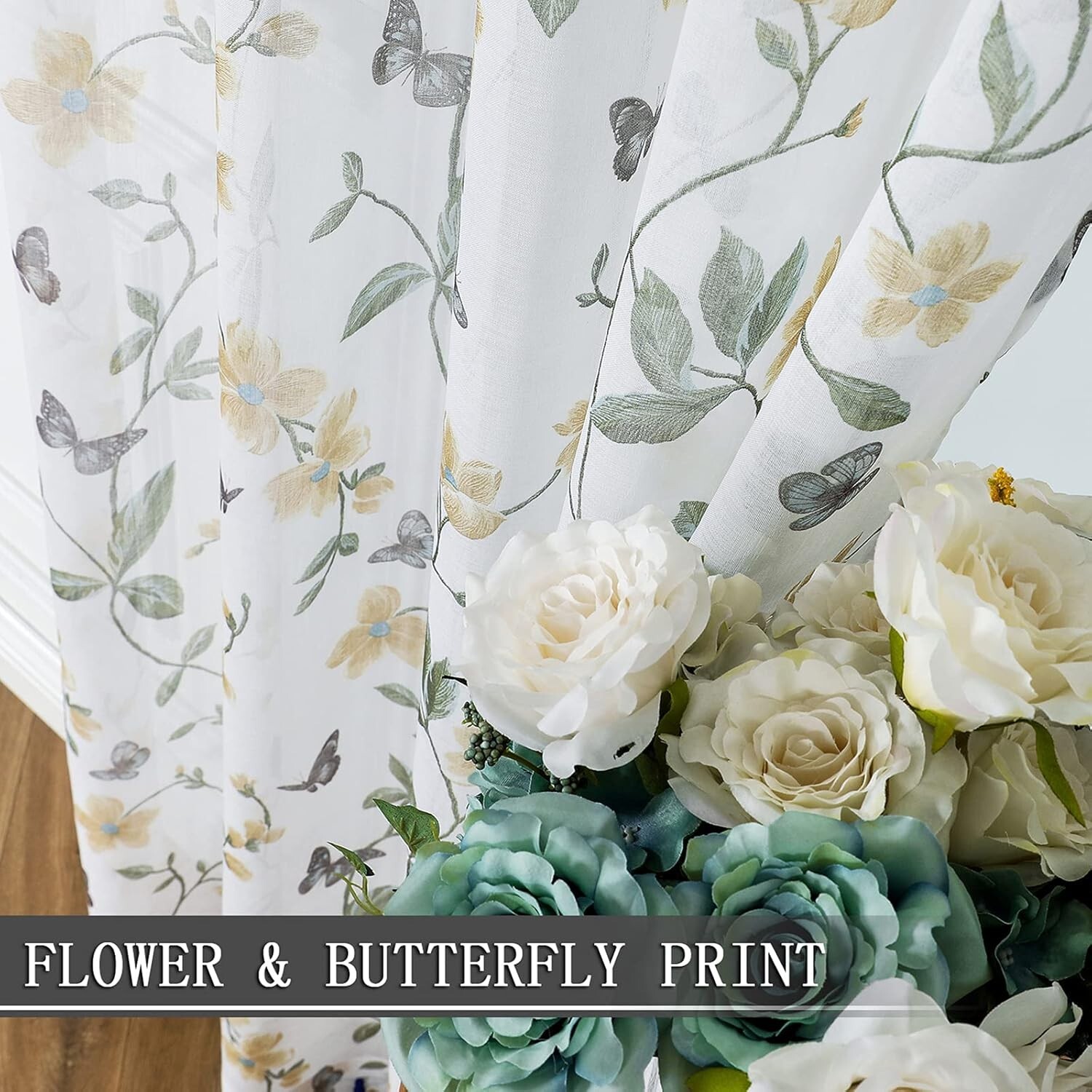 Sheer Floral Curtain Valance Yellow Flower Butterfly Printed Bedroom Curtain