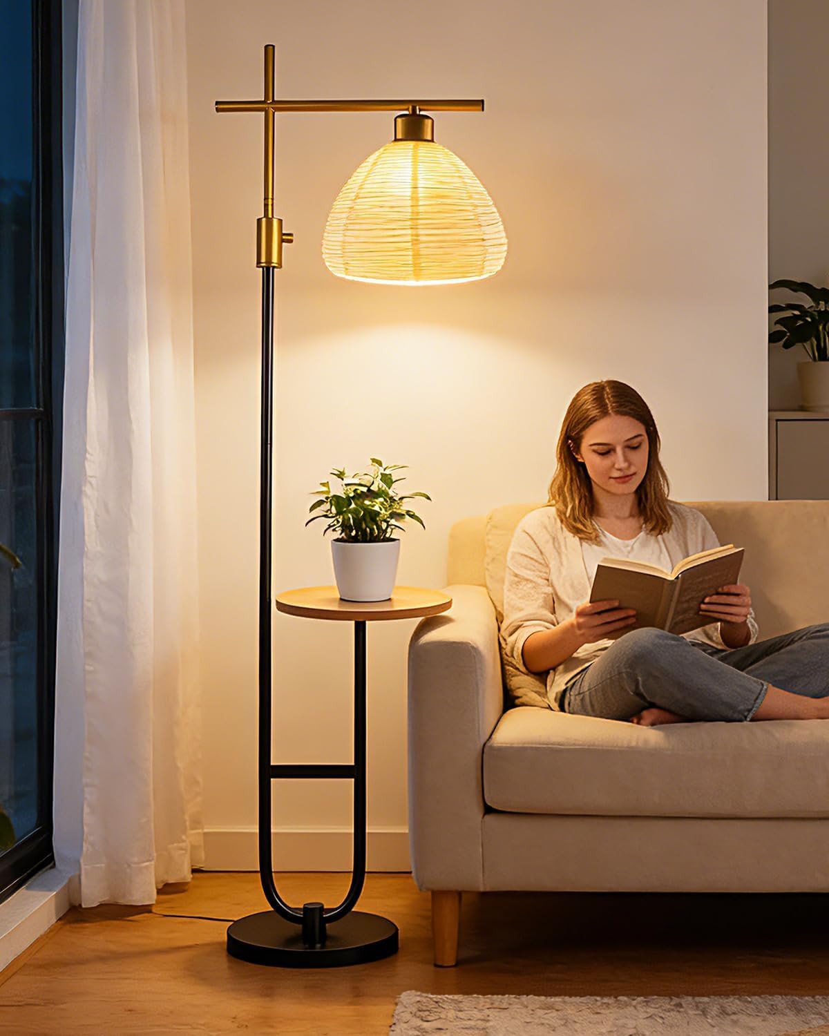 Gold & Black Dimmable Floor Lamp with Storage Table for Living Room/Bedroom
