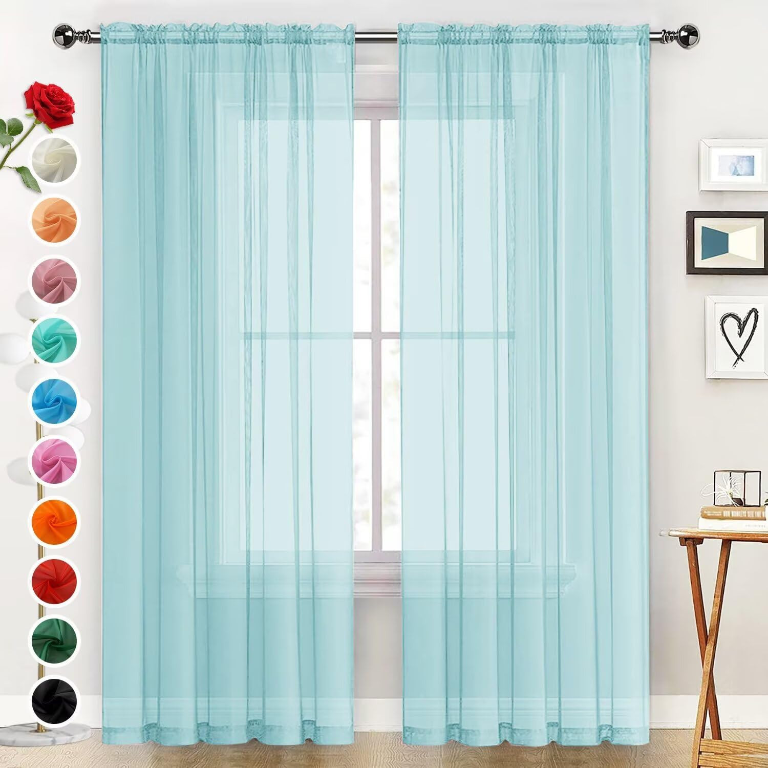 Basic Rod Pocket Sheer Voile Window Curtain Panels Sky Blue 1 Pair 2 Panels 52 W