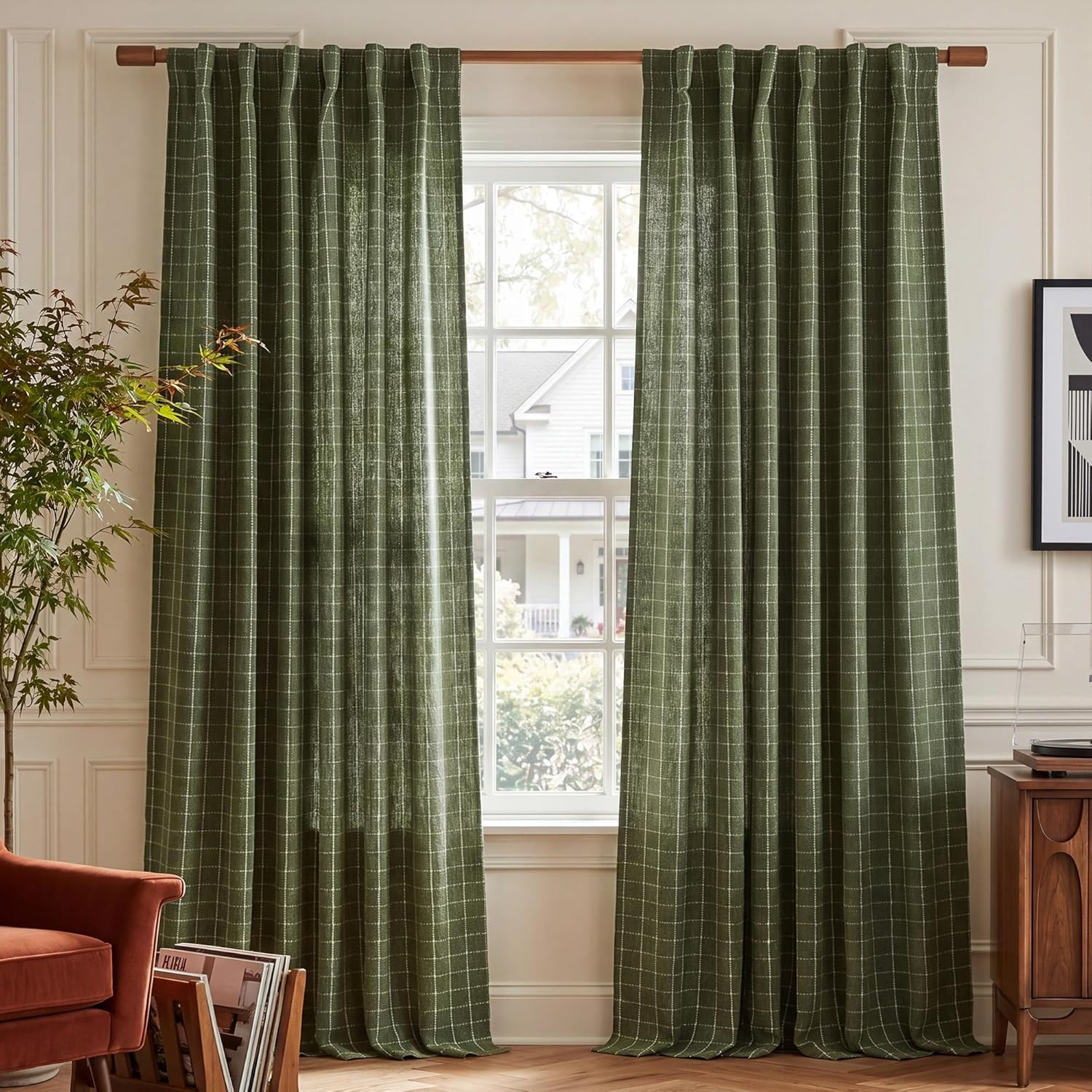 Olive Green Linen Plaid Bedroom Curtains, Rod Pocket & Back Tab Geometric Jacqua