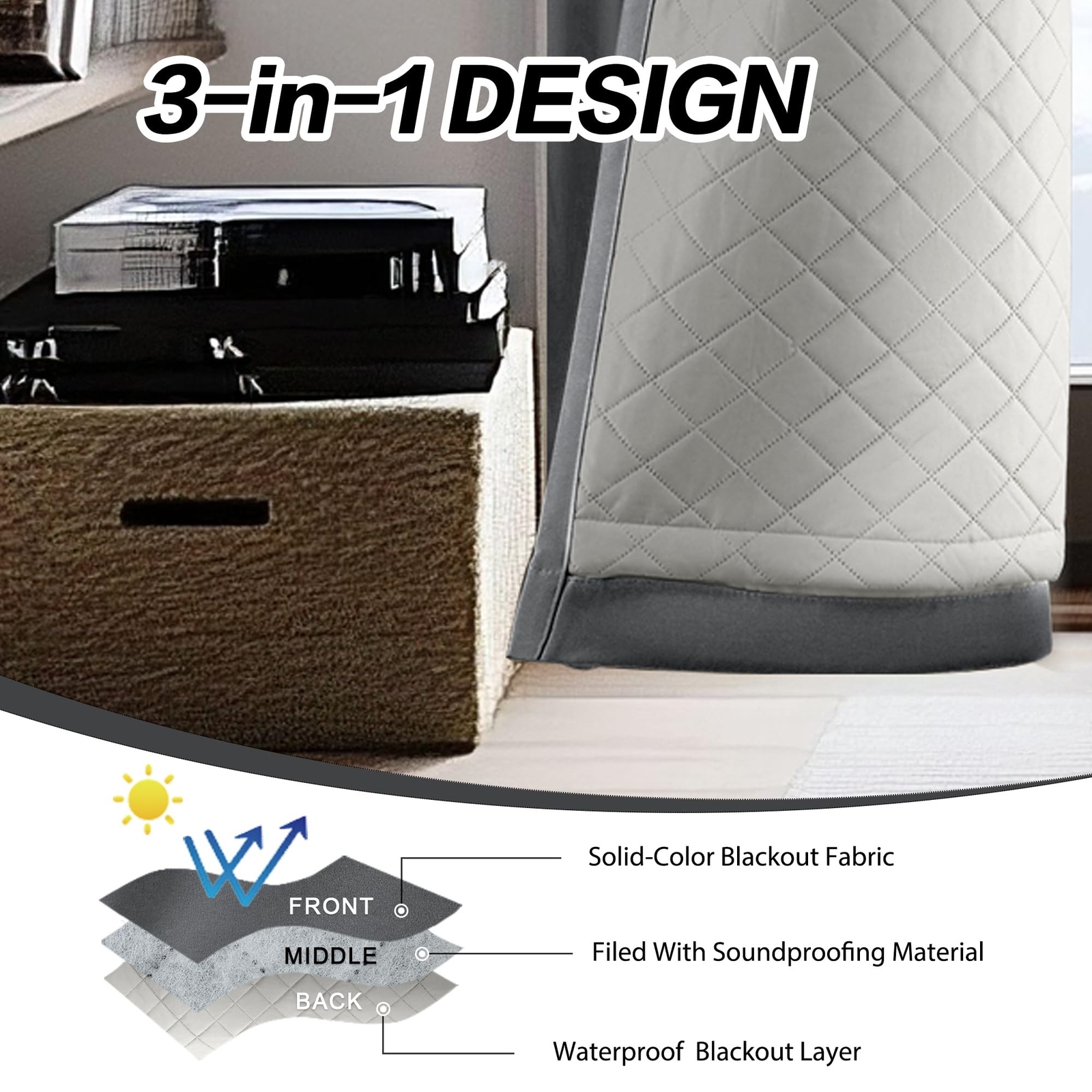 3 Layers Soundproof 100% Blackout Grey Curtains 1 Panel 50×108 Thermal Insula…